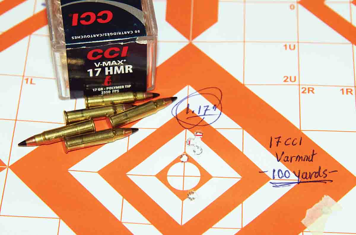This 1.17-inch group was the result of five shots at 100 yards with CCI 17-grain Polymer Tip ammunition that left the muzzle at 2,680 fps.